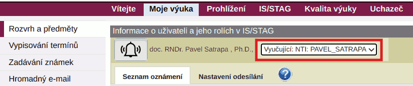 Přepínání role v IS STAG